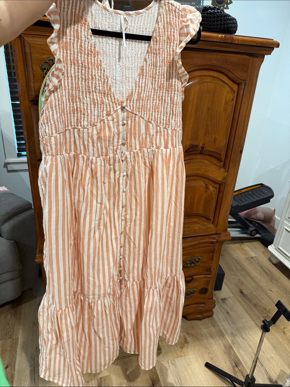Anthropologie Peach and White Striped Sleeveless Midi Dress